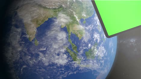 animación 3d de un conjunto de televisión en el espacio. un conjunto de televisión con pantalla verde en órbita y monitoreando la tierra desde el espacio.