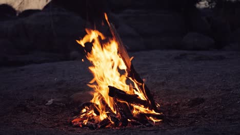 slow motion of fire at bonfire in the dark, closeup