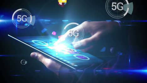 5g mostrado en círculos con la persona que utiliza la tableta en el fondo