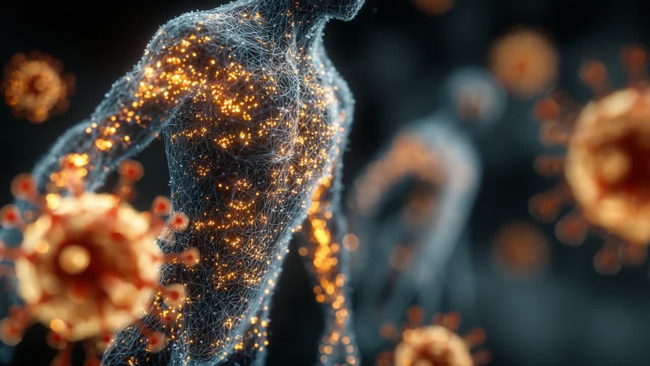 En imponerende fremstilling af menneskeceller, der interagerer med vira, belyser den indviklede kamp mellem immunsystemet og patogener