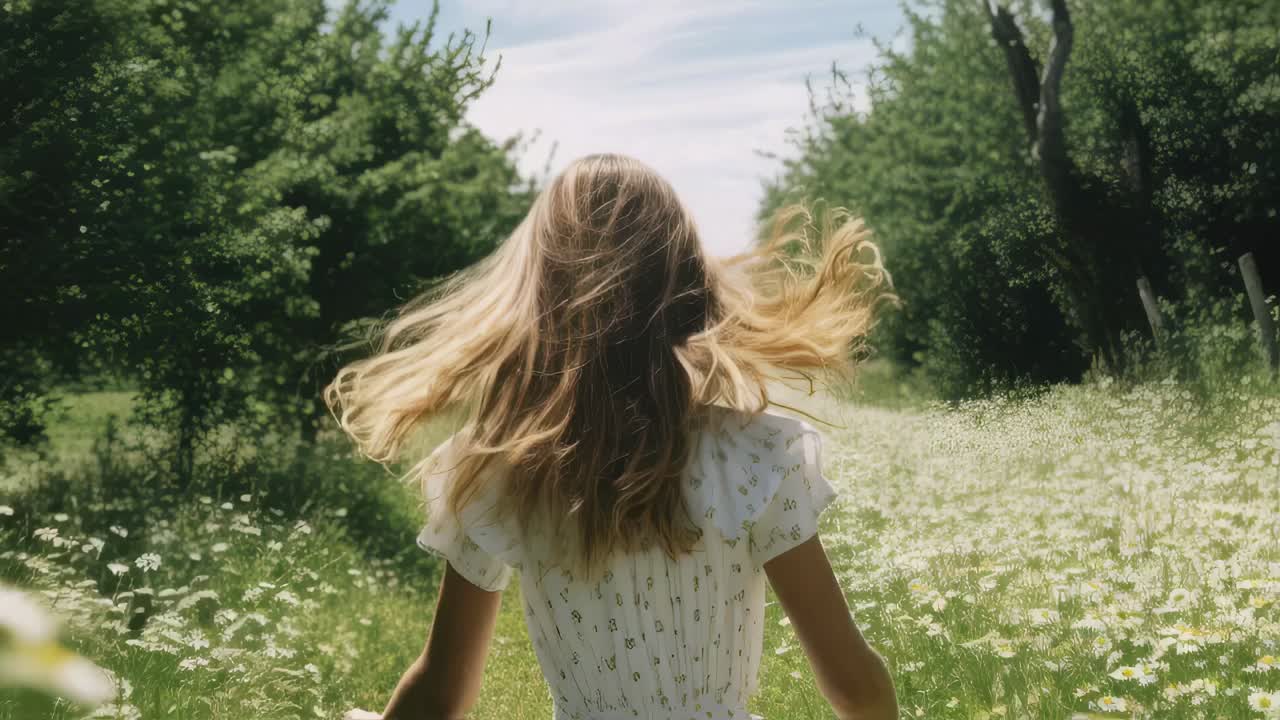 Happy young blonde woman wearing a white dress running through a field of flowers with arms outstretched and her hair flowing in the wind, enjoying the summer season