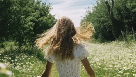 happy young blonde woman wearing a white dress running through a field of flowers with arms outstretched and her hair flowing in the wind, enjoying the summer season