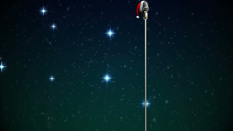 animación de estrellas cayendo sobre el micrófono con sombrero de navidad en un fondo oscuro