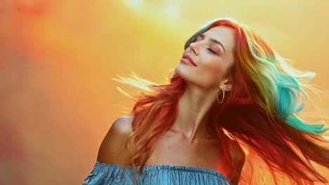 a woman with long red hair and blue and purple streaks in her hair is smiling. she is wearing a blue dress and has earrings