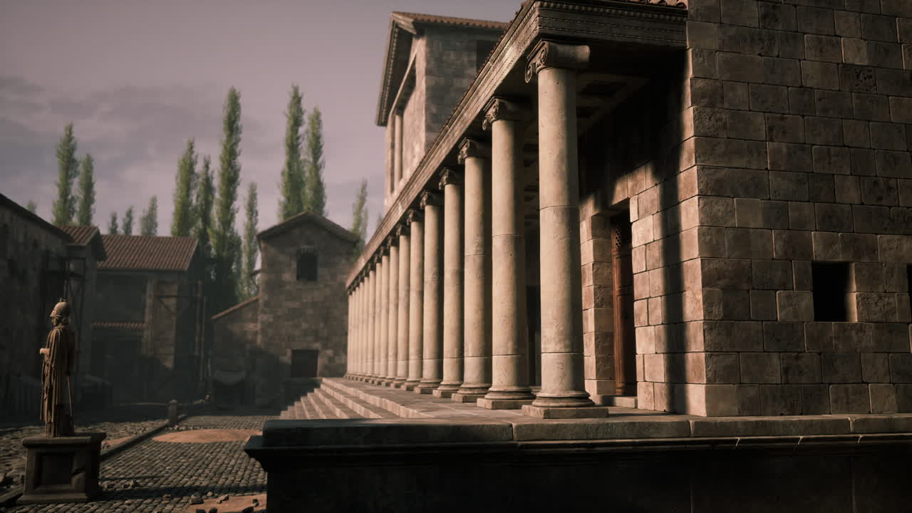 낮에는 역사적인 장소에서 기둥을 가진 고대 돌 건물