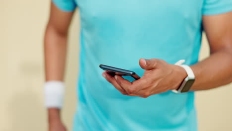 outdoor fitness, man and hands with phone