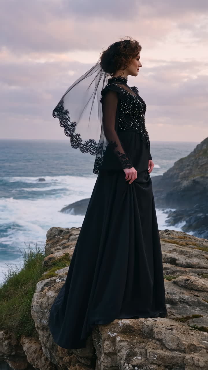 A woman in a black gothic gown and veil standing on a dramatic rocky cliff overlooking the stormy sea