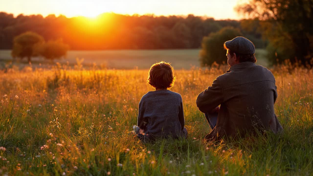 A Heartwarming Moment of Connection: A Man and a Boy Watching the Sunset Together in a Serene Meadow, Bathed in Golden Light and Surrounded by Nature's Beauty