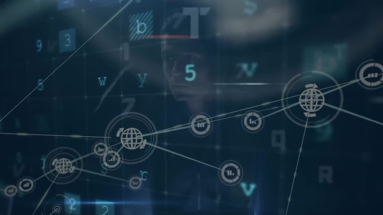 animación de iconos conectados sobre textos, símbolos, letras y números contra un fondo abstracto