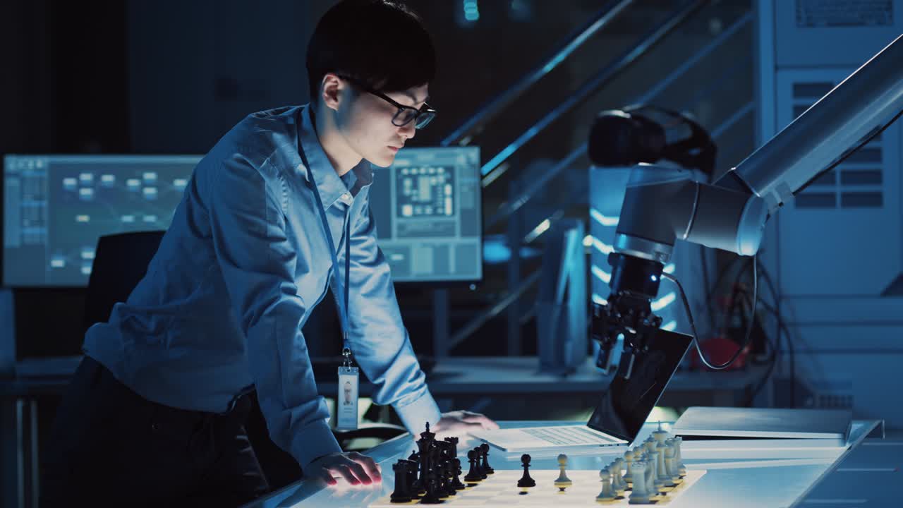 Professional Japanese Development Engineer is Testing an Artificial Intelligence Interface by Playing Chess with a Futuristic Robotic Arm. They are in a High Tech Modern Research Laboratory.