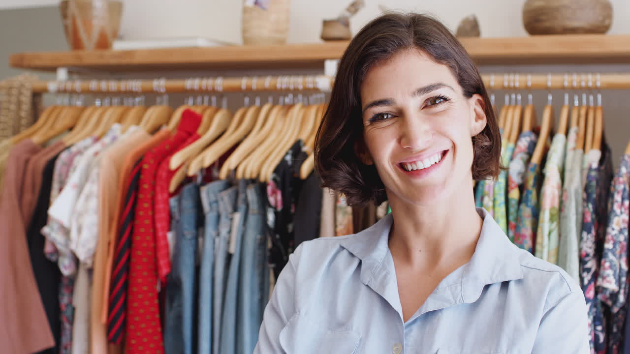 Ritratto di proprietaria di negozio di moda in piedi davanti a capi d'abbigliamento su appendiabiti