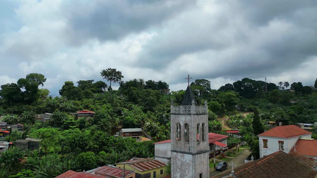 Aerial circular view from Parish of the Holy Trinity in Trindade,São Tomé,Africa