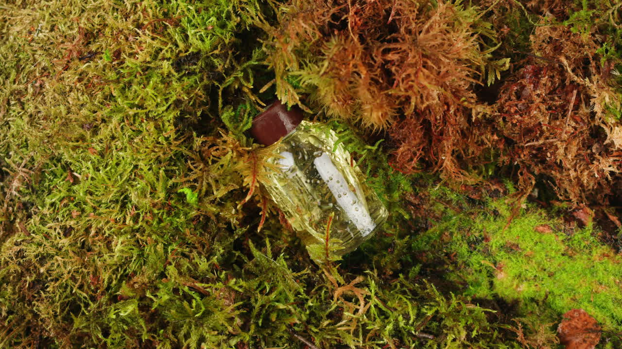 Bottle of cosmetics cream serum on moss forest background green leaves. Woman Make up healthy natural products.