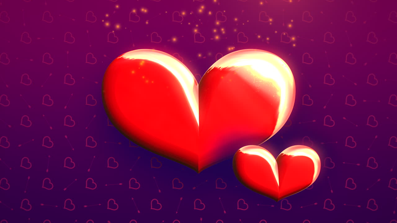 Animatie close-up bewegende grote romantische hartjes en glitters op een paarse, glimmende Valentijnsdag achtergrond
