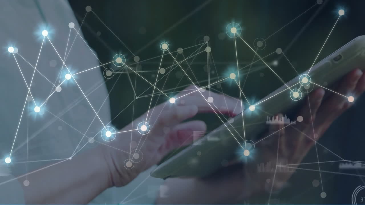 Animation of communication network and data processing over caucasian woman using tablet