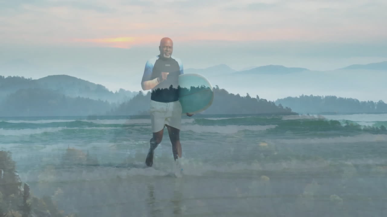 senior male surfer running with surfboard on beach, showing animated heart rate graph for health