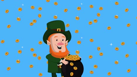 happy saint patricks day leprechaun lifting treasure cauldron and coins