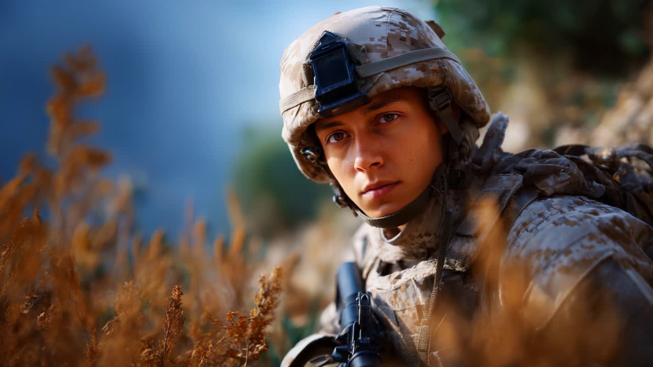 En fokusert soldat i kamuflasjeuniform observerer omgivelsene med intens besluttsomhet i et naturlig landskap