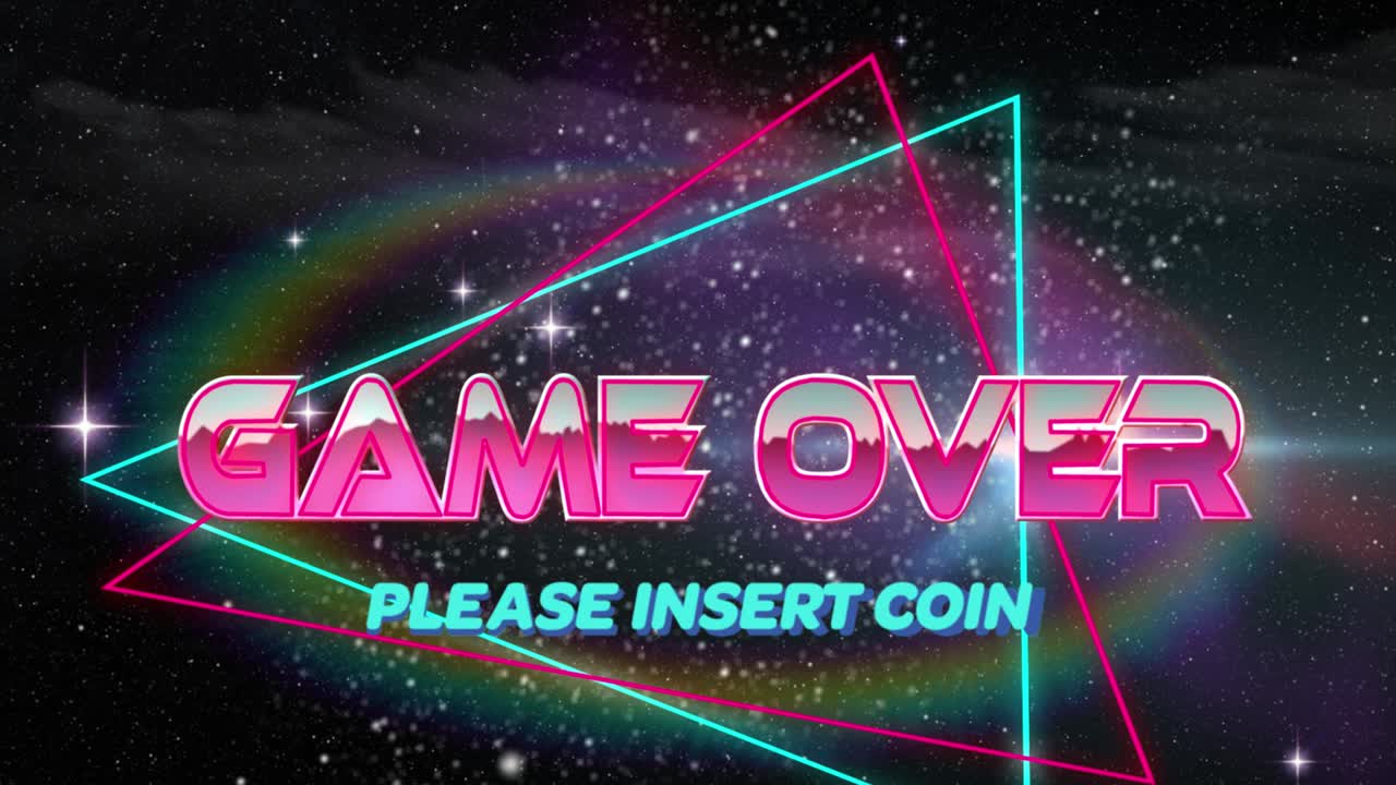 게임이 끝났습니다. 배경의 공간에 삼각형에 동전 텍스트를  ⁇ 입하십시오.