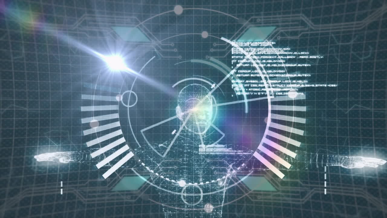 Animation of holographic human figure with digital data visualization elements