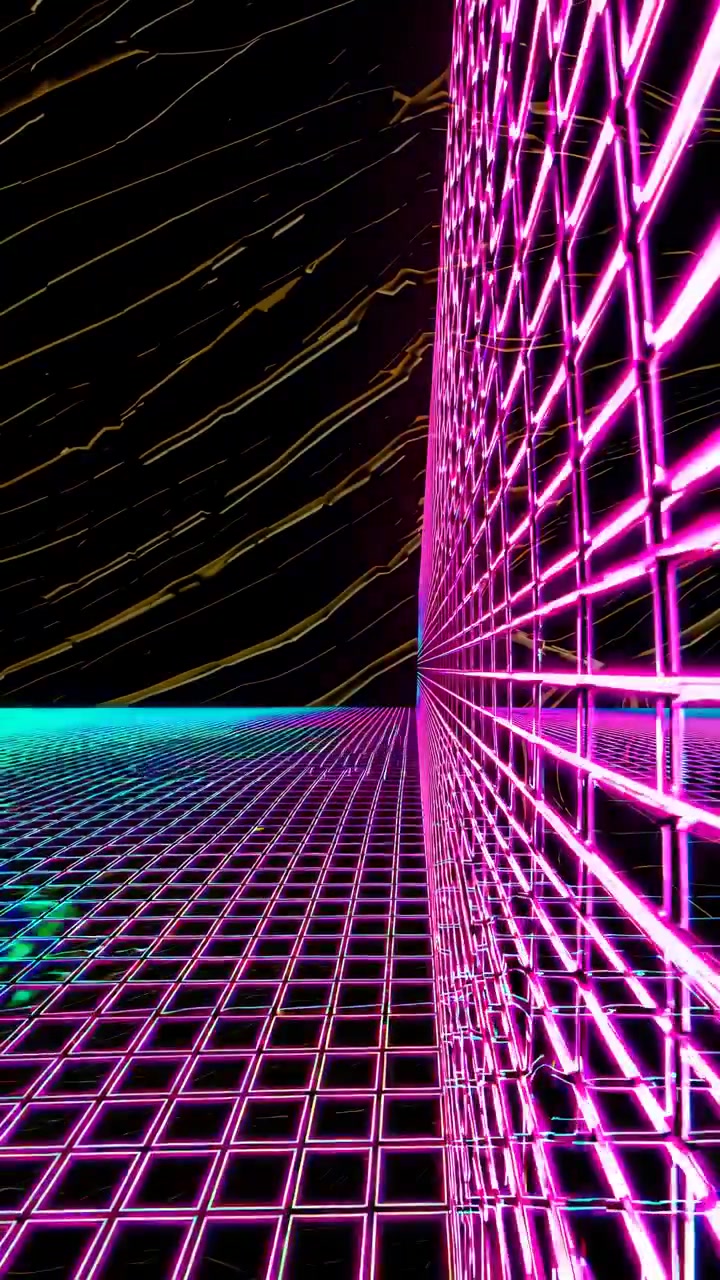 Tunnel astratto a griglia neon con effetti di luce pulsante