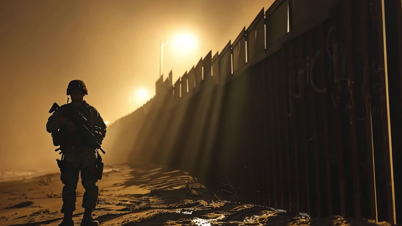 Soldier Patrolling Border Wall at Dusk