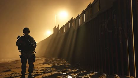 soldier patrolling border wall at dusk