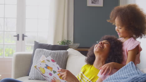 mother and daughter relaxing on sofa at home reading book together