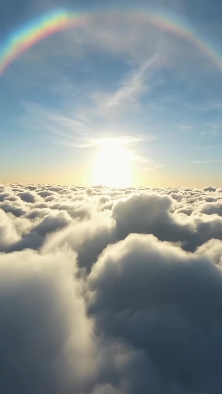 Vista aerea del sole che splende sopra le nuvole con alone arcobaleno
