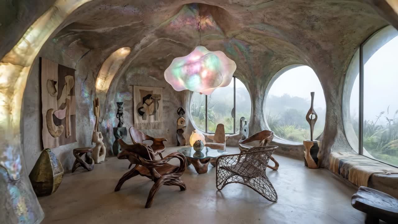 Interni unici di architettura organica con mobili scultorei e vista su un paesaggio nebbioso
