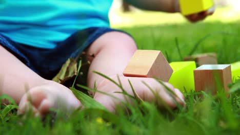 baby playing with building blocks on the grass