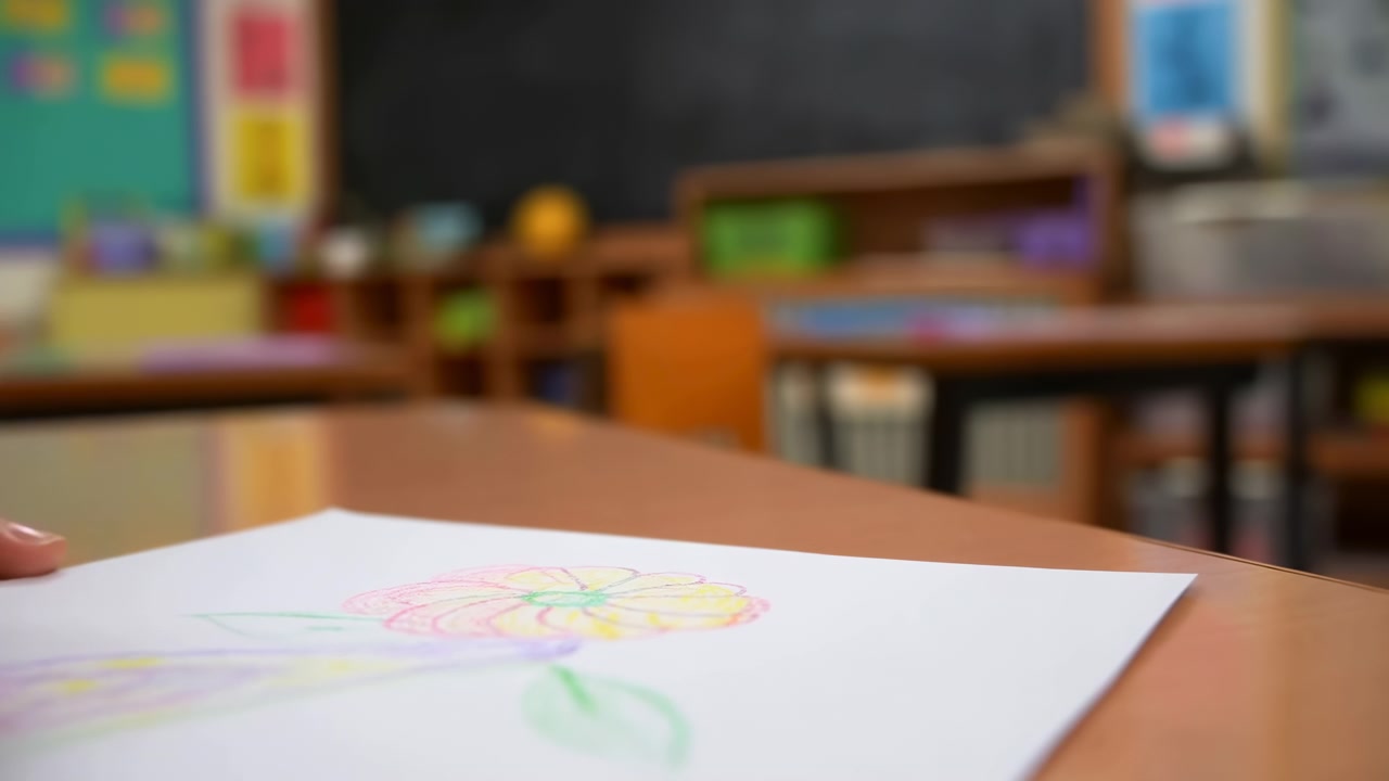 Düşük açılı bir sınıf sahnesinde, cilalı ahşap sıranın yanında beyaz kağıda çok renkli bir çiçek çizen bir çocuk görülüyor; parmak ucu kadraja giriyor ve yumuşak, bulanık arka plan derinlik katıyor.