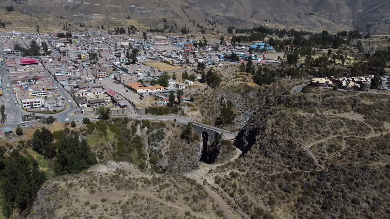 Chivay Peru town Colca Valley aerial drone view green arid valley nature