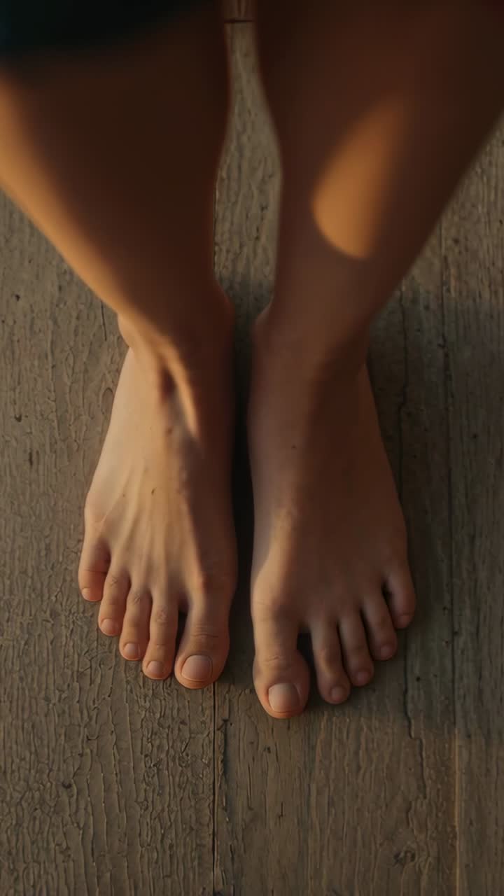 Video verticale: piedi e stinchi che spostano il peso, in equilibrio e facendo roteare la caviglia sulla giunzione di un pavimento a listoni.
