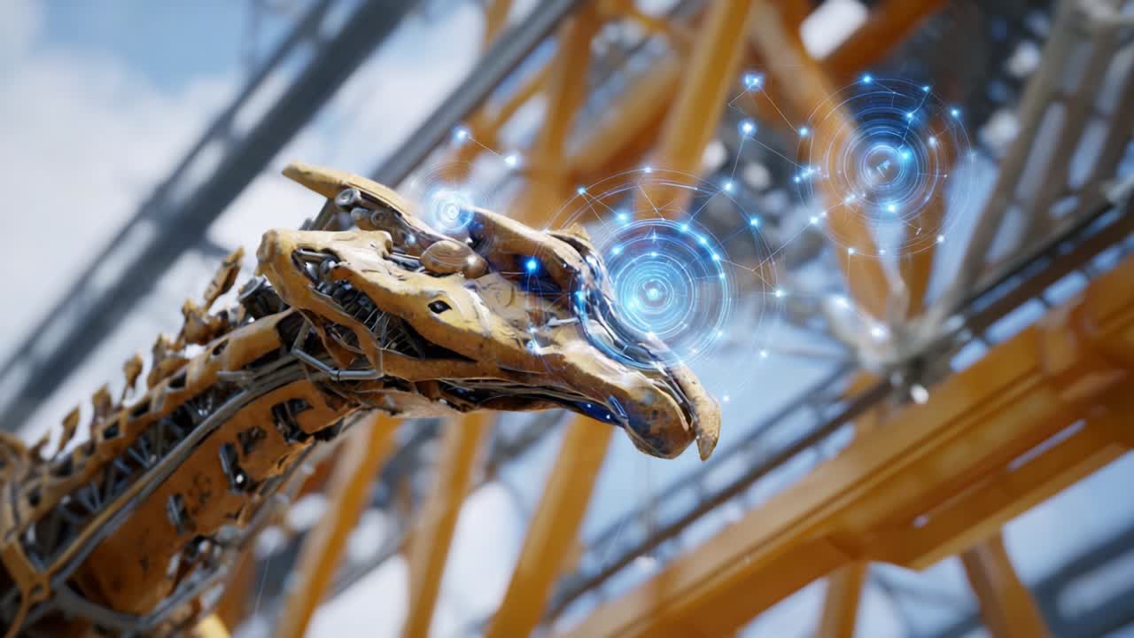 A futuristic mechanical dragon with intricate metal detailing and luminous energy orbs emanating from its snout, set against a backdrop of construction elements, embodies advanced technology and creative design in robotics