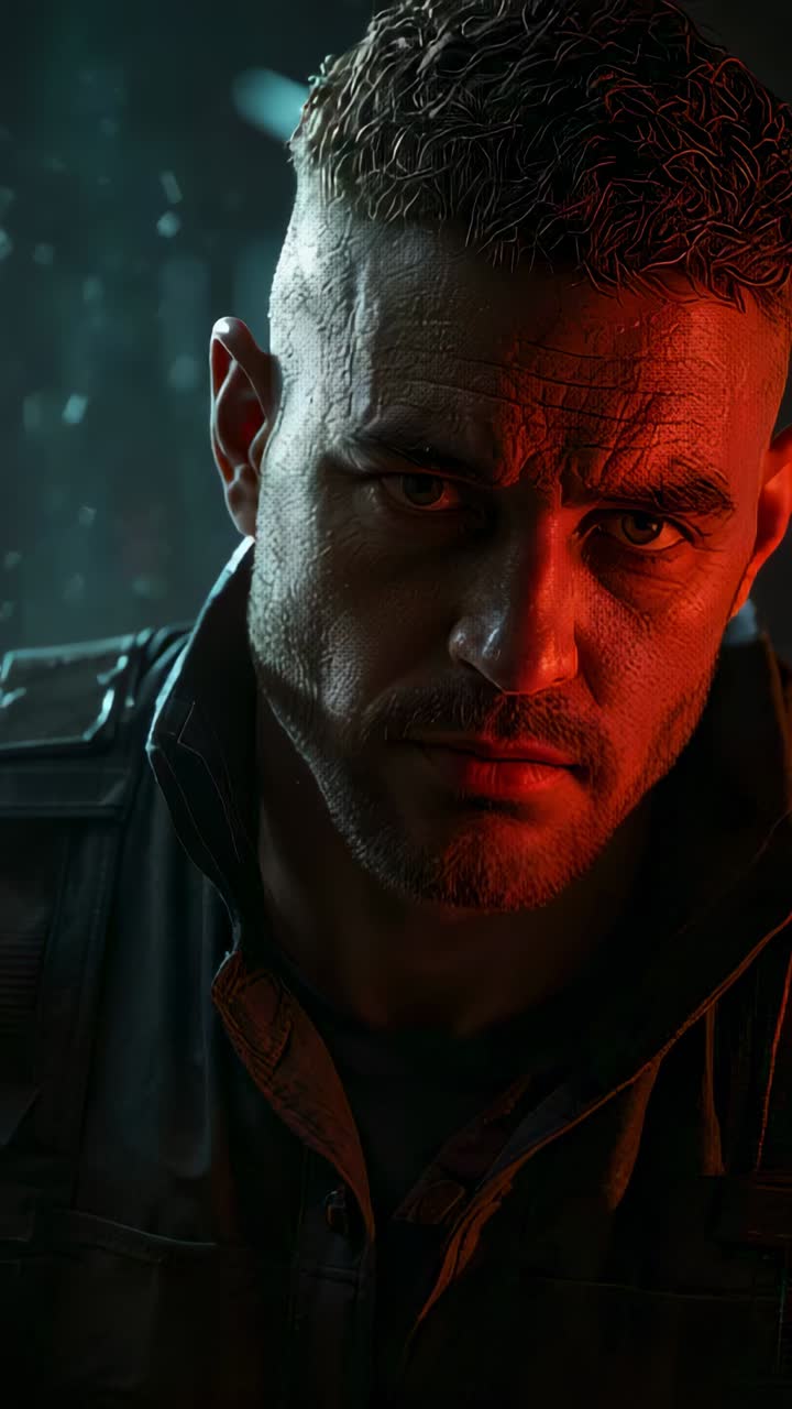 Vertical video: Tensing then softening expression, man in tactical jacket during closeup in dim bay