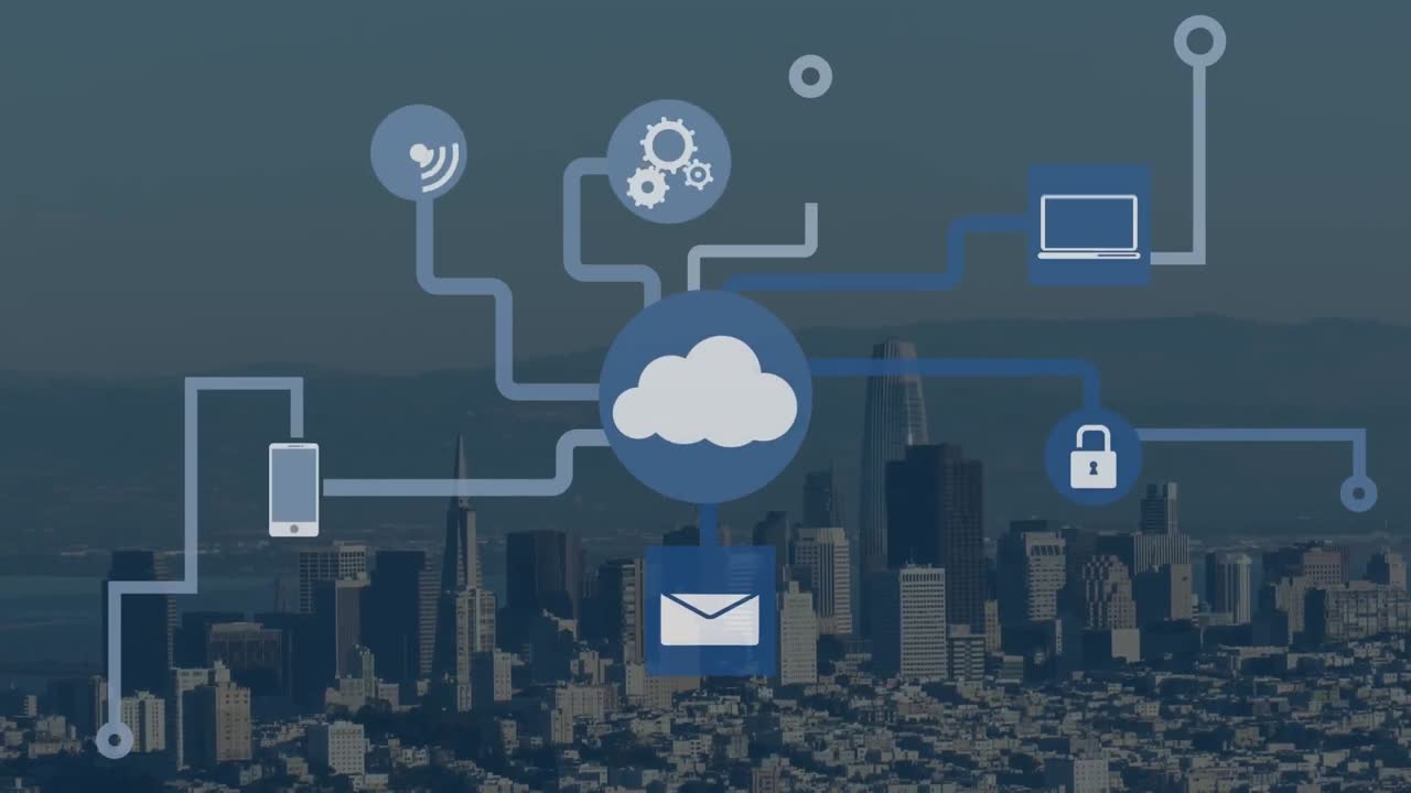 Animation of network of connections with icons over cityscape