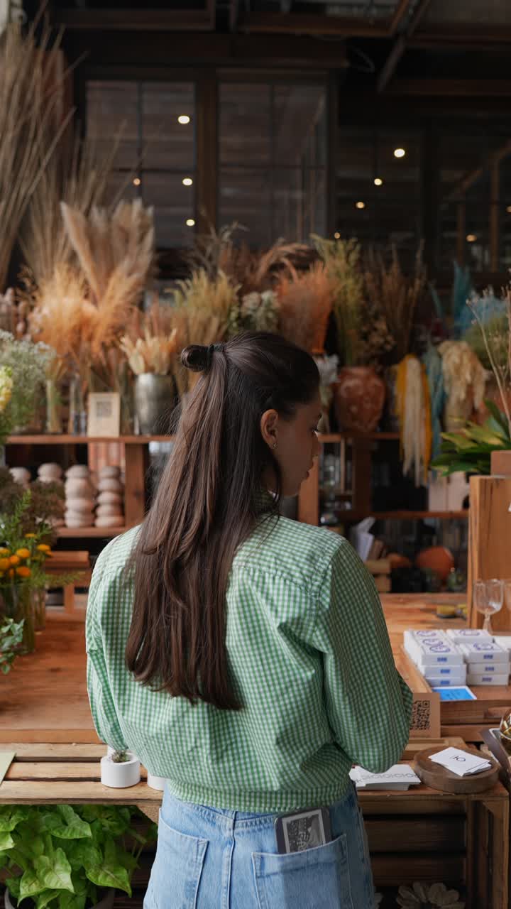 una mujer mirando una tienda de flores.