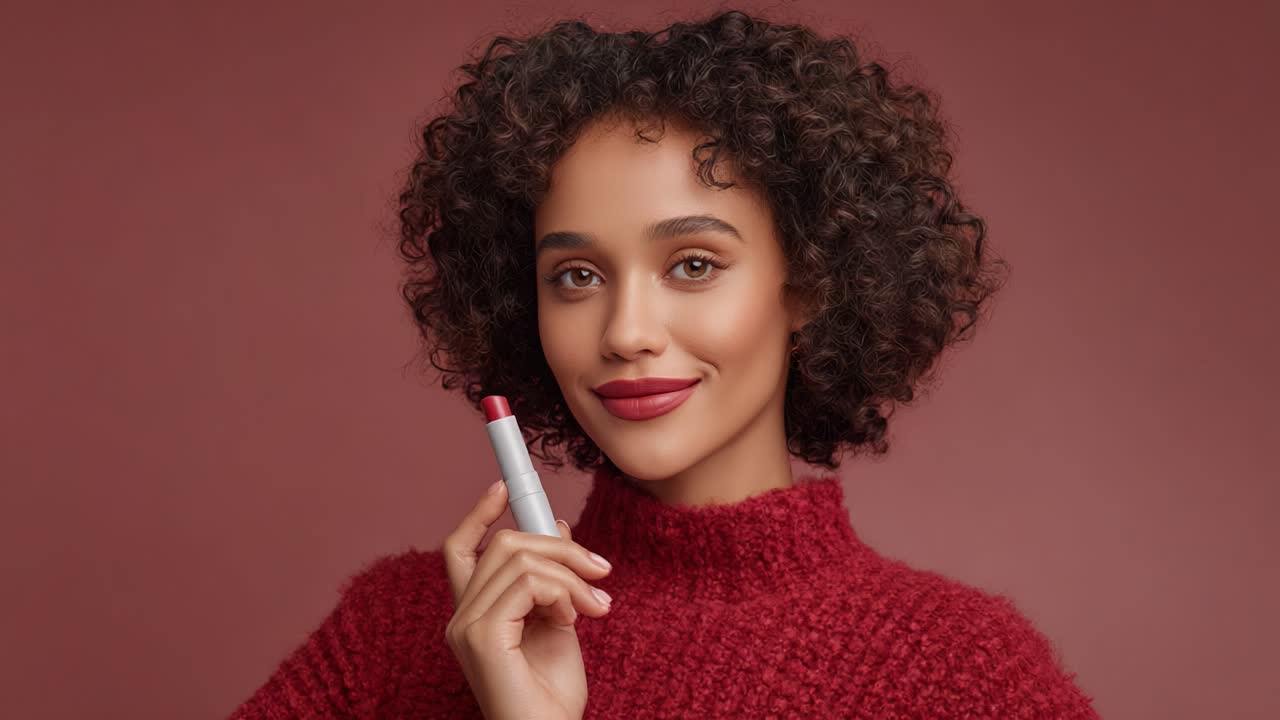 Charming Beauty: A Confident Young Woman Posing with Lipstick in a Cozy Sweater, Radiating Style and Elegance Against a Warm Background