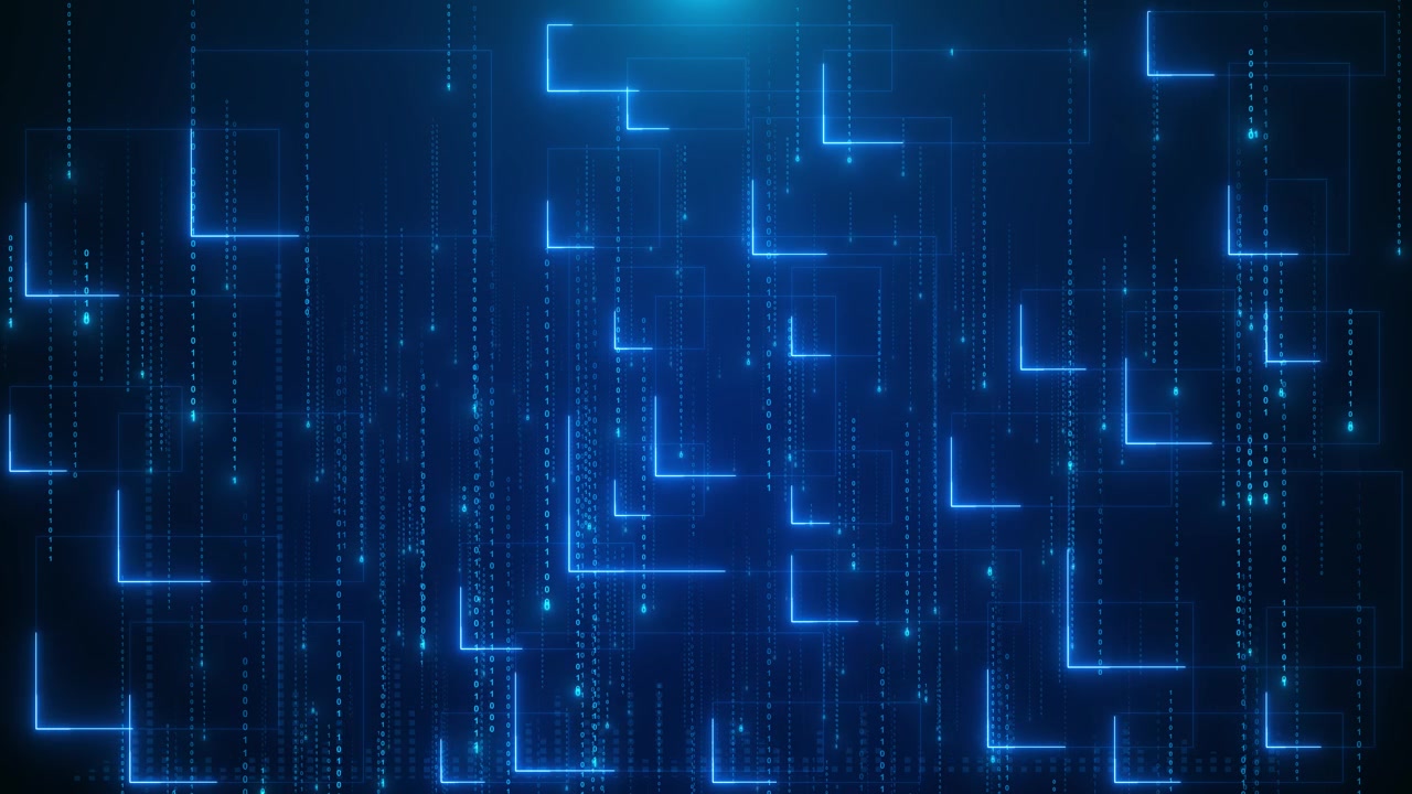 Blue digital matrix interface glowing rectangles falling binary numbers and dark technology grid