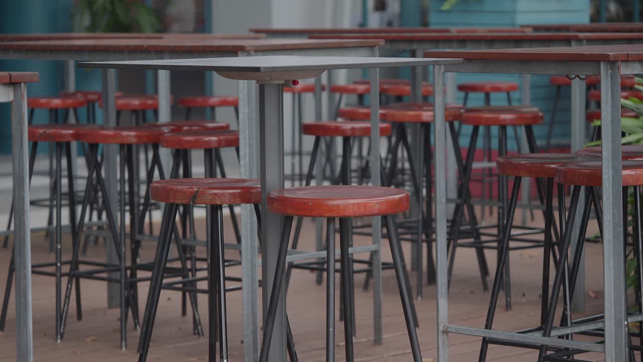 Empty tables and bar stools in an outdoor cafe or restaurant setting