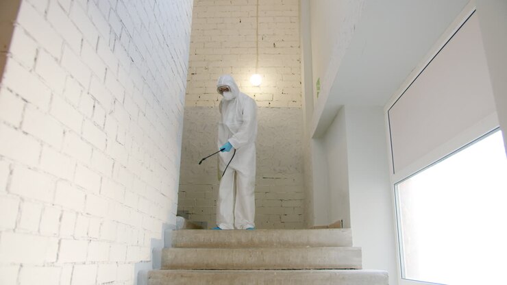 Disinfecting a Stairwell with Protective Gear