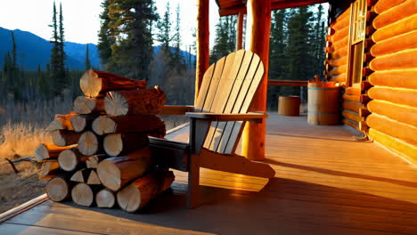 rustic log cabin porch with adirondack chair and firewood at golden hour