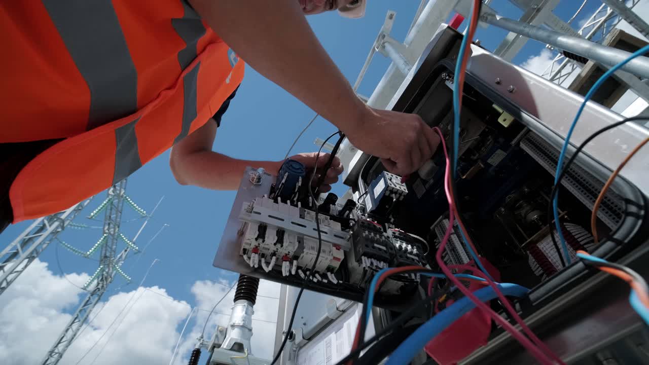los ingenieros eléctricos inspeccionan los sistemas eléctricos en el gabinete de control de equipos y el transformador de alto voltaje contra el cielo azul. subestación de redistribución de corriente eléctrica