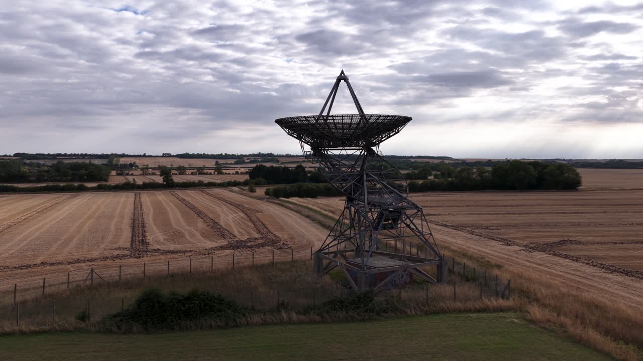One-Mile Telescope at MRAO in open field on cloudy day, science concept