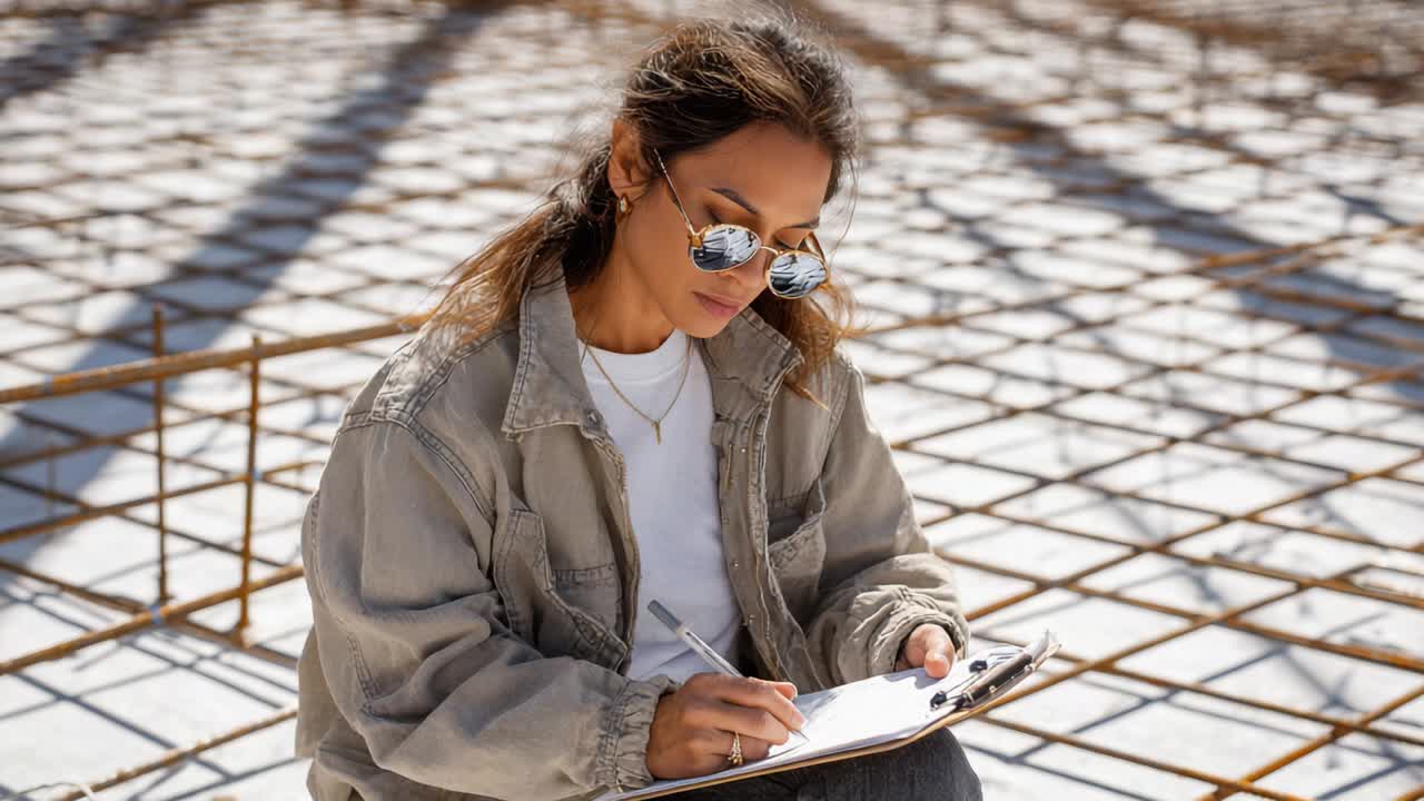 Woman engineer inspecting construction site with clipboard
