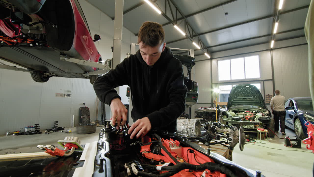 reemplazo de la batería de un automóvil eléctrico en un taller de reparación