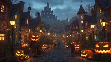 A Spooky Celebration of Halloween in a Quaint Village, Adorned with Illuminated Jack-o&#039;-Lanterns and Enchanting Ambiance Under a Twilight Sky