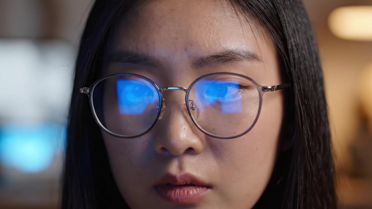 Esplorazione ravvicinata di concentrazione ed emozione: una giovane donna impegnata con contenuti digitali, che cattura la profondità della concentrazione attraverso i suoi occhiali