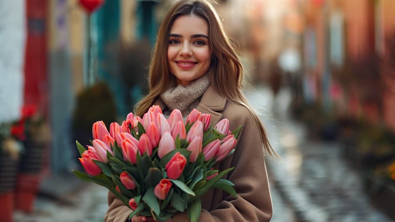 A smiling woman holding a beautiful bouquet of pink tulips on a charming street